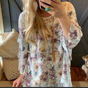 Boho Ruffle and Lace Spring Floral Blouse